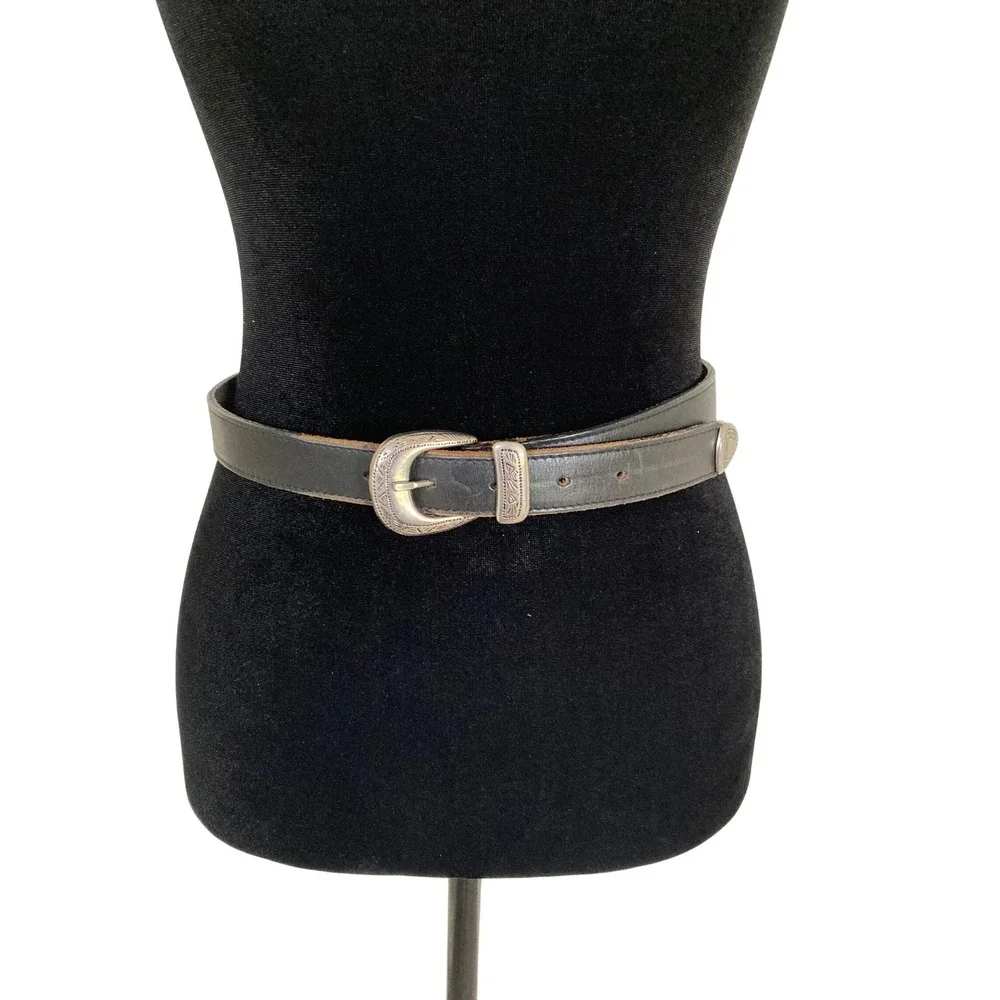 Vintage Black Leather Western Belt Silver Engraved Buckle Tip Made‎ in USA Small